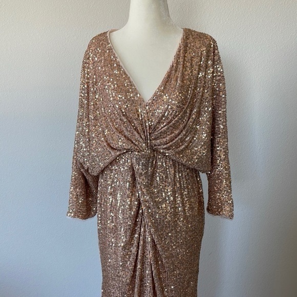 TFNC V Neck Sequins Midi Dress Plus Sz 22 Maternity Golden Party Formal Cocktail - Picture 2 of 16